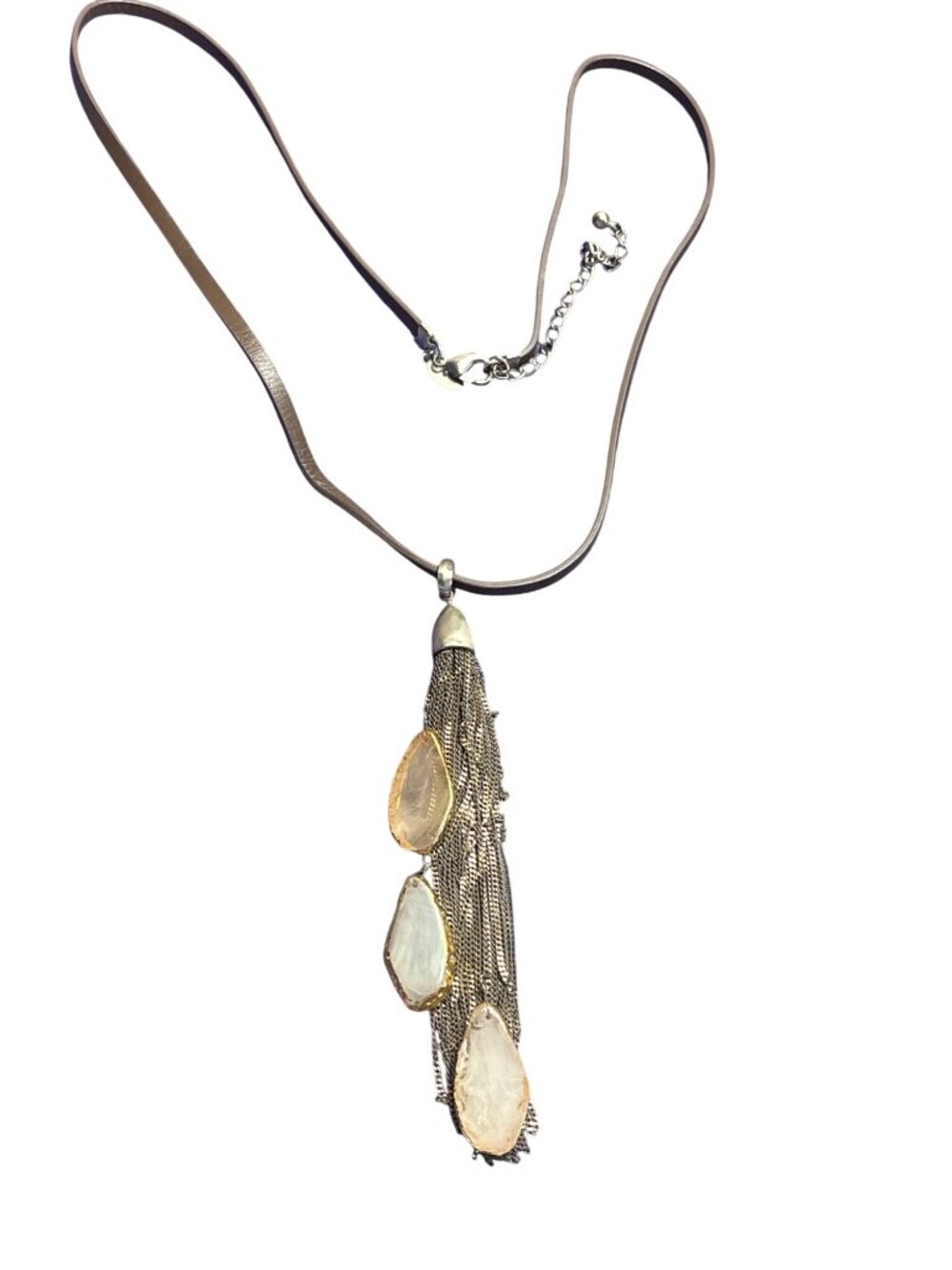 Chico's Chain Tassel Faux Quartz Pendant Necklace Brown Cord 32-36 inches Long